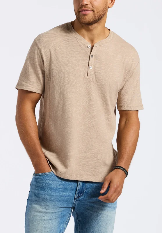 Kandido Men's Short Sleeve Slub Jersey Relaxed Henley Top, Tuffet Beige - BM24605 Business