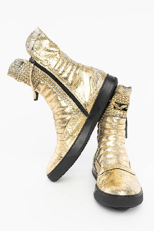 MENS HIGH TOP BIKER SHOES IN CRACKLED GOLD  LEATHER WITH CRYSTAL EMBELLISHMENT DEFINITION Casual Men's Japanese 