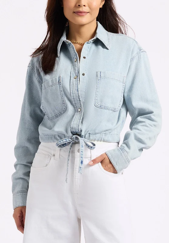 Serena Women's Long-Sleeve Cropped Denim Shirt, Bleached Down Blue - BL16021 Dapper Men's Bow