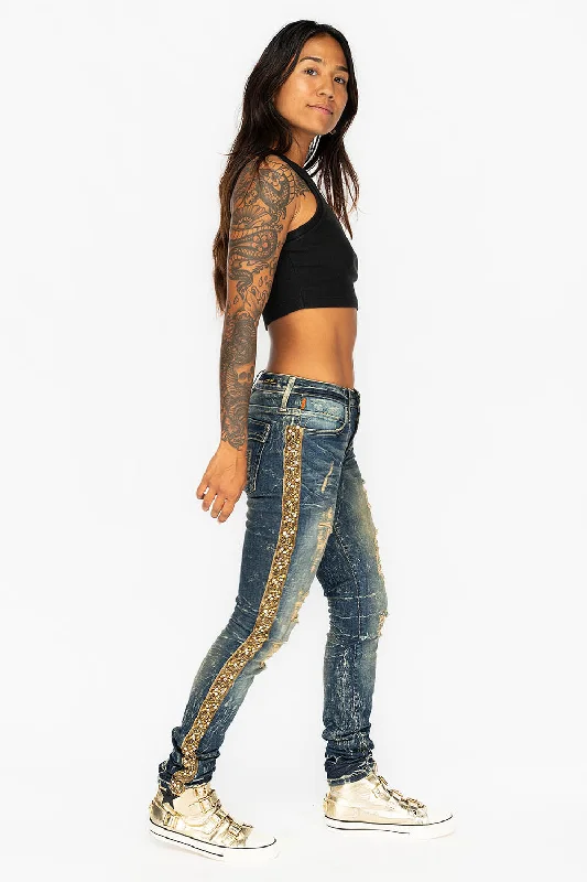 KILLER FLAP WOMENS RIPPED MID RISE SKINNY JEANS IN 4D DARK BROKEN WASH WITH  EMBELLISHMENT Sleek Men's Metallic