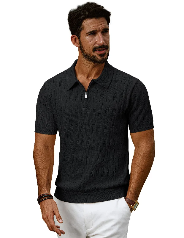 Men Textured Knitted Polo-Shirt Short Sleeve Lapel Collar Zip-up Neck Tops Classic Men's Pin