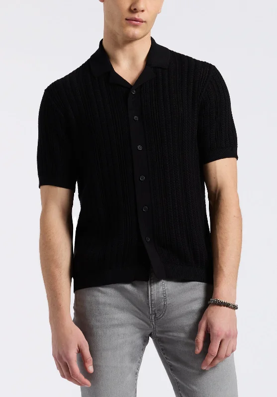 Wasko Men's Cable-Knit Short-Sleeve Button-Up Polo, Black - BM24540 Modern Men's Tech