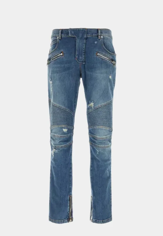 Balmain Biker Denim Pants - Vintage Blue Wash -
Slim Jeans Raw Blue Monochromatic All