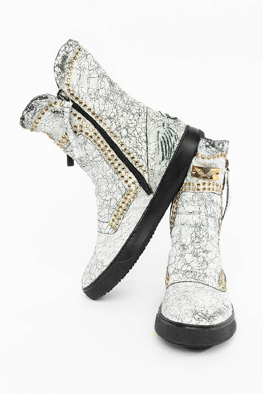 MENS HIGH TOP BIKER SHOES IN CRACKLED WHITE LEATHER WITH CRYSTAL EMBELLISHMENT DEFINITION Sophisticated Men's French