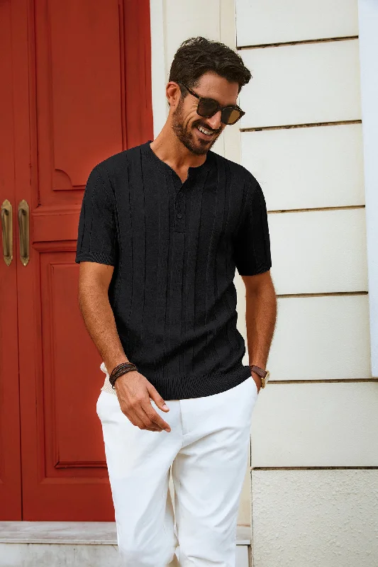 Men Textured Knitted T-Shirt Short Sleeve Henley Neck Knitwear Tops Artistic Men's Hand