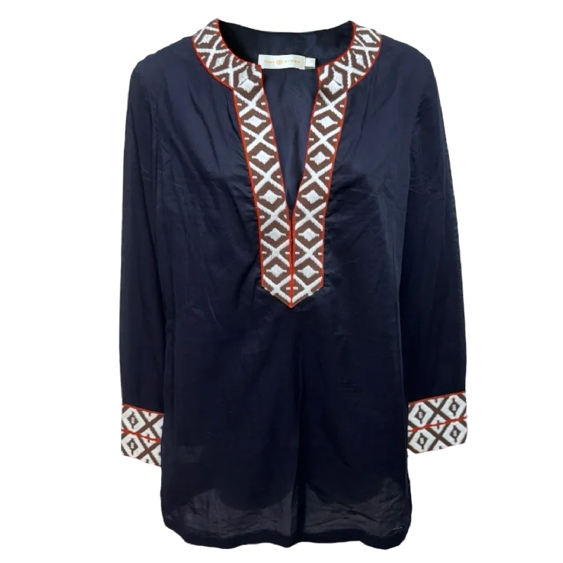 Ariana Embroidered Tunic Designer By Tory Burch In Navy, Size: 6 Polished Men's Satin