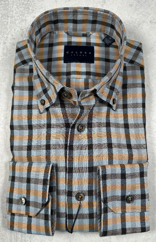 Calder Carmel Melange Twill Exploded Gingham Sport Shirt in Amber Luxurious Men's High