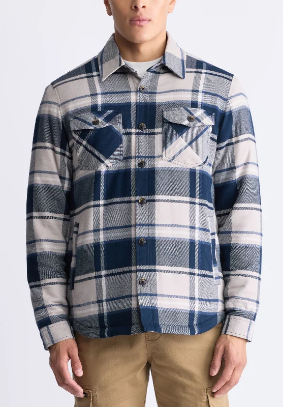 Jalika Men's Plaid Shacket with Sherpa Lining, Cream & Navy - BM24447 Elegant Men's Cashmere